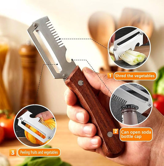 3-in-1 Stainless Steel Peeler, Slicer & Bottle Opener with Wooden Handle