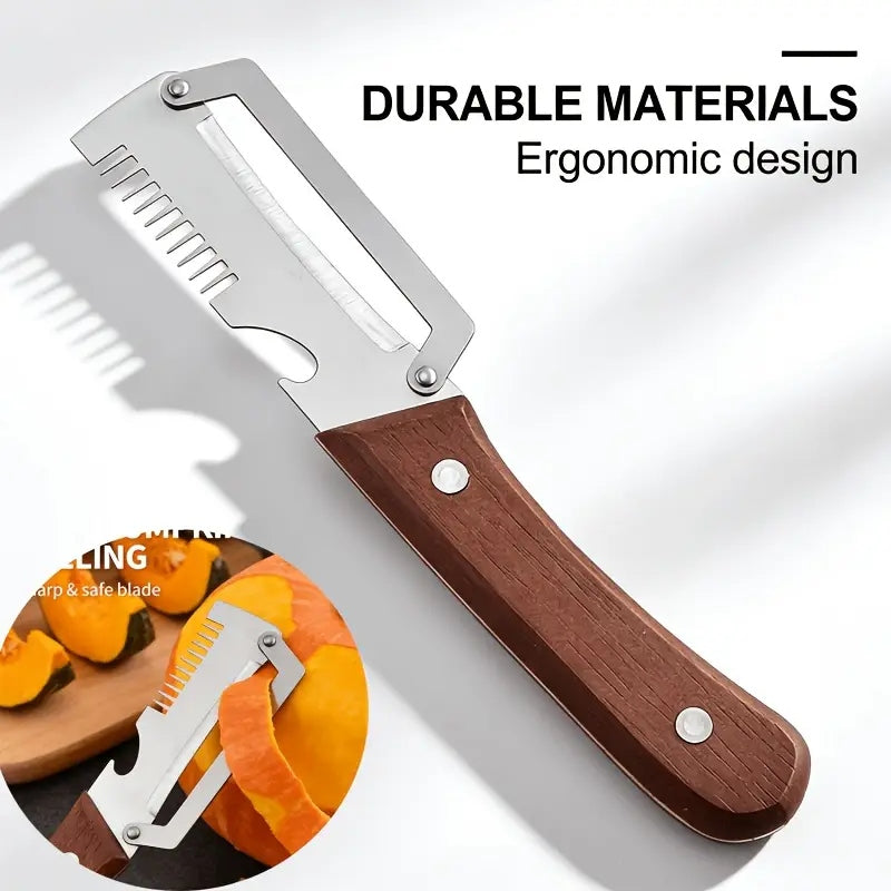 3-in-1 Stainless Steel Peeler, Slicer & Bottle Opener with Wooden Handle