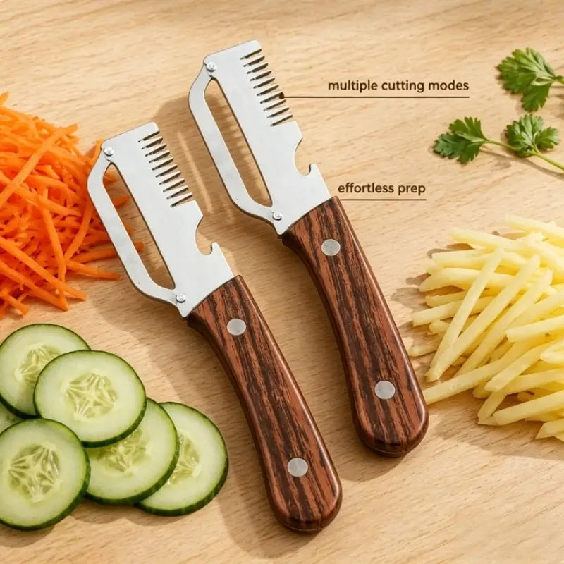 3-in-1 Stainless Steel Peeler, Slicer & Bottle Opener with Wooden Handle