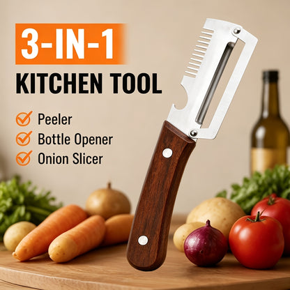 3-in-1 Stainless Steel Peeler, Slicer & Bottle Opener with Wooden Handle