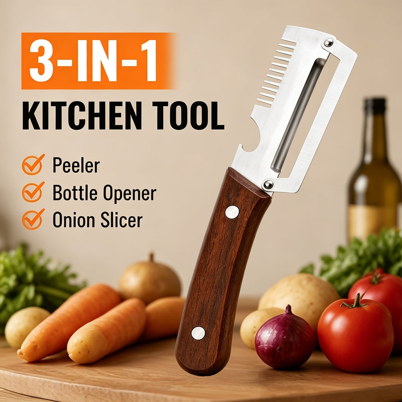 3-in-1 Stainless Steel Peeler, Slicer & Bottle Opener with Wooden Handle